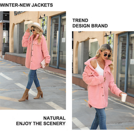 Winter Women's Plush Coat Button Lapel Long Sleeve Sleeve Wide Coat Fashion Casual Bubble Fleece Warm Coat