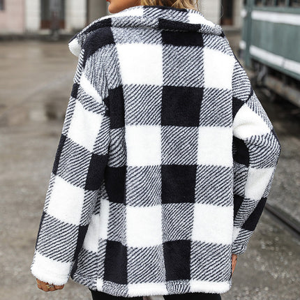 Women's winter coat, plaid long-sleeved lapel medium-length buttoned double-sided fleece shirt lightweight thickened double-sided fleece coat