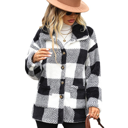 Women's winter coat, plaid long-sleeved lapel medium-length buttoned double-sided fleece shirt lightweight thickened double-sided fleece coat