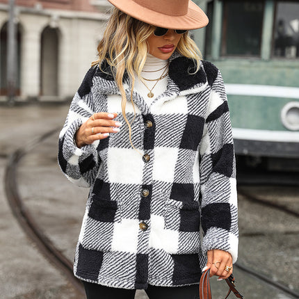 Women's winter coat, plaid long-sleeved lapel medium-length buttoned double-sided fleece shirt lightweight thickened double-sided fleece coat