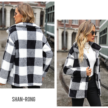 Women's winter coat, plaid long-sleeved lapel medium-length buttoned double-sided fleece shirt lightweight thickened double-sided fleece coat