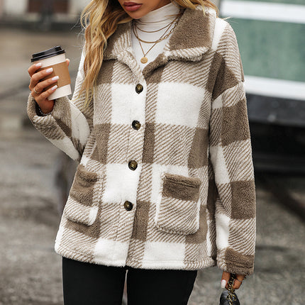 Women's winter coat, plaid long-sleeved lapel medium-length buttoned double-sided fleece shirt lightweight thickened double-sided fleece coat