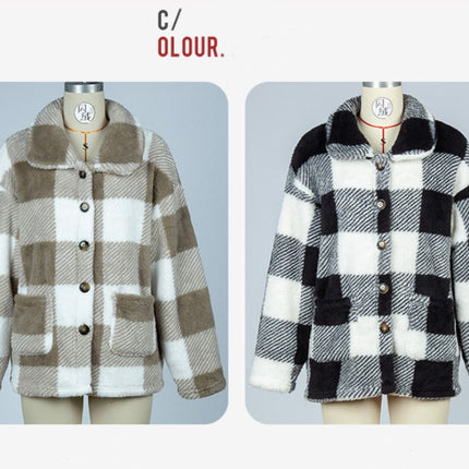 Women's winter coat, plaid long-sleeved lapel medium-length buttoned double-sided fleece shirt lightweight thickened double-sided fleece coat