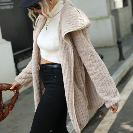 Fall Winter Hooded Cardigan Coat for Women Solid Comfy Mid-Length Sweater Relaxed Casual Long Sleeve Outerwear