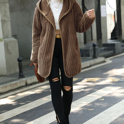 Fall Winter Hooded Cardigan Coat for Women Solid Comfy Mid-Length Sweater Relaxed Casual Long Sleeve Outerwear