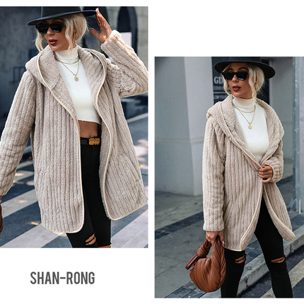 Fall Winter Hooded Cardigan Coat for Women Solid Comfy Mid-Length Sweater Relaxed Casual Long Sleeve Outerwear