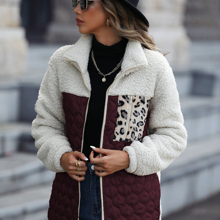 Women's Zipper Plush Jacket Women's Lapel Patchwork Animal Print Double Sided Fleece Jacket Loose Casual Long Sleeve Jacket