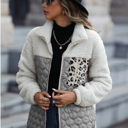 Women's Zipper Plush Jacket Women's Lapel Patchwork Animal Print Double Sided Fleece Jacket Loose Casual Long Sleeve Jacket