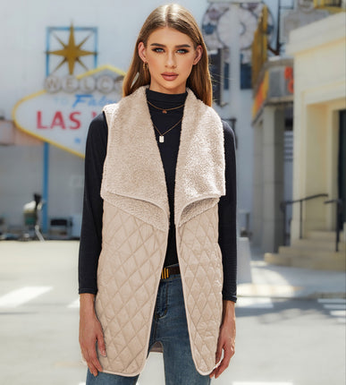 Women's Fleece Vest Workwear Trendy Cardigan Patchwork Lapel Coat Jacket Comfortable Sherpa With Pockets Medium Vest