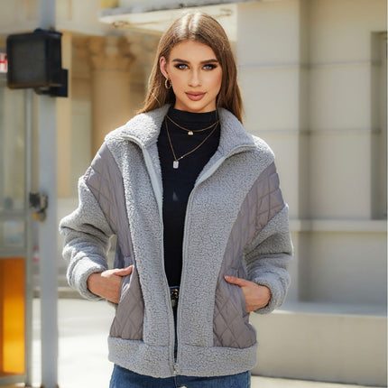 Women's Fall and Winter Splicing Plush Cardigan Full Zipper Long Sleeve Button Lapel Tartan Plush Jacket Cute Fall Loose Casual Jacket