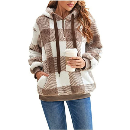 Women's Oversized Puffy Fleece Hoodie, Casual Drawstring Vintage Plaid Sweater Jacket with Pocket Pullover