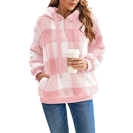 Women's Oversized Puffy Fleece Hoodie, Casual Drawstring Vintage Plaid Sweater Jacket with Pocket Pullover