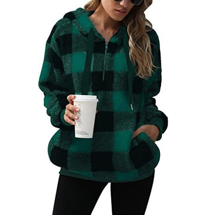 Women's Oversized Puffy Fleece Hoodie, Casual Drawstring Vintage Plaid Sweater Jacket with Pocket Pullover