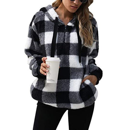 Women's Oversized Puffy Fleece Hoodie, Casual Drawstring Vintage Plaid Sweater Jacket with Pocket Pullover