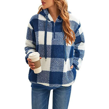 Women's Oversized Puffy Fleece Hoodie, Casual Drawstring Vintage Plaid Sweater Jacket with Pocket Pullover