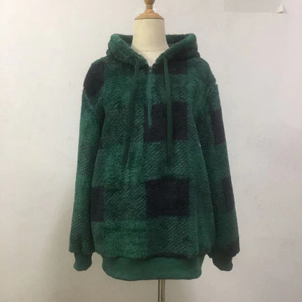 Women's Oversized Puffy Fleece Hoodie, Casual Drawstring Vintage Plaid Sweater Jacket with Pocket Pullover