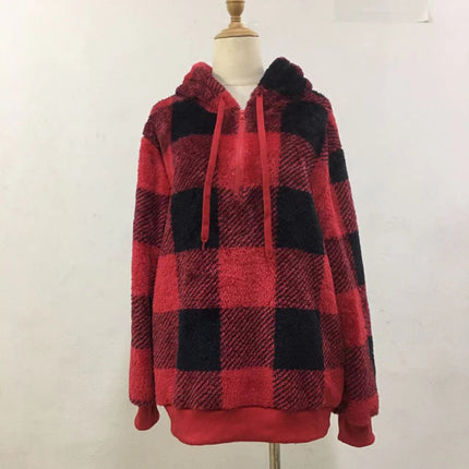 Women's Oversized Puffy Fleece Hoodie, Casual Drawstring Vintage Plaid Sweater Jacket with Pocket Pullover