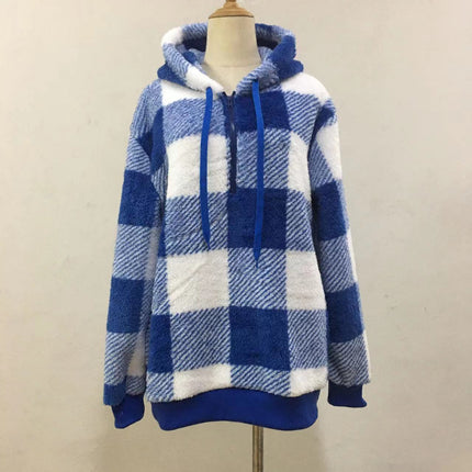 Women's Oversized Puffy Fleece Hoodie, Casual Drawstring Vintage Plaid Sweater Jacket with Pocket Pullover