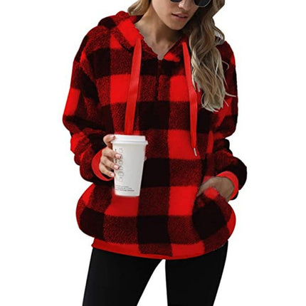 Women's Oversized Puffy Fleece Hoodie, Casual Drawstring Vintage Plaid Sweater Jacket with Pocket Pullover