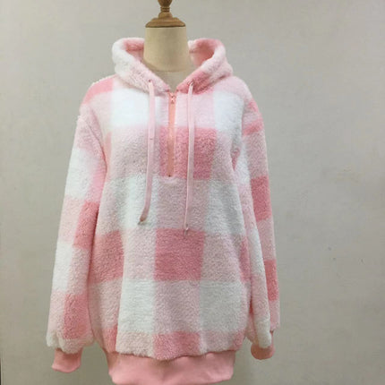 Women's Oversized Puffy Fleece Hoodie, Casual Drawstring Vintage Plaid Sweater Jacket with Pocket Pullover