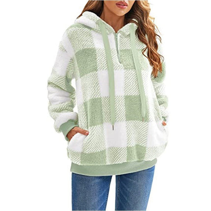 Women's Oversized Puffy Fleece Hoodie, Casual Drawstring Vintage Plaid Sweater Jacket with Pocket Pullover