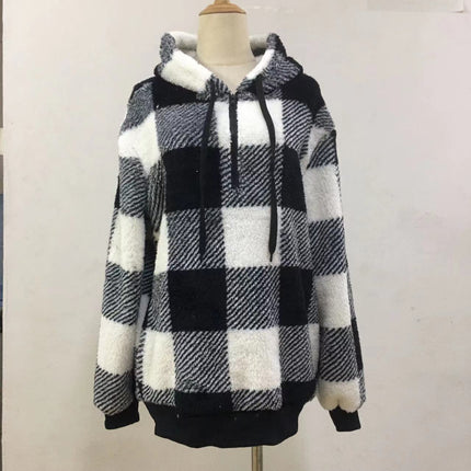 Women's Oversized Puffy Fleece Hoodie, Casual Drawstring Vintage Plaid Sweater Jacket with Pocket Pullover