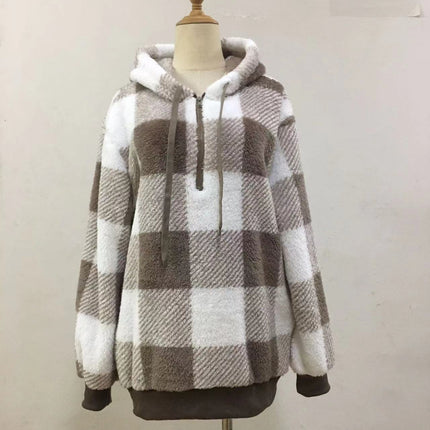 Women's Oversized Puffy Fleece Hoodie, Casual Drawstring Vintage Plaid Sweater Jacket with Pocket Pullover