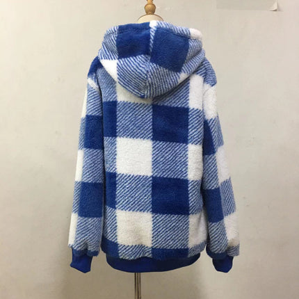 Women's Oversized Puffy Fleece Hoodie, Casual Drawstring Vintage Plaid Sweater Jacket with Pocket Pullover