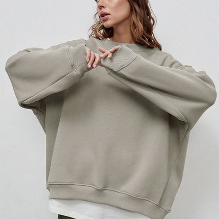 Women's Autumn and Winter Round Neck Loose Sweatshirt Women Autumn and Winter Solid Color Rocking Grain Velvet Pullover Sweatshirt