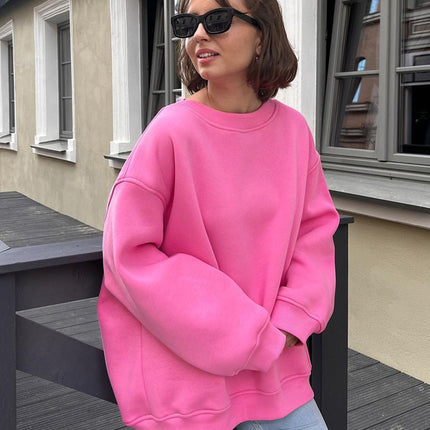 Women's Autumn and Winter Round Neck Loose Sweatshirt Women Autumn and Winter Solid Color Rocking Grain Velvet Pullover Sweatshirt