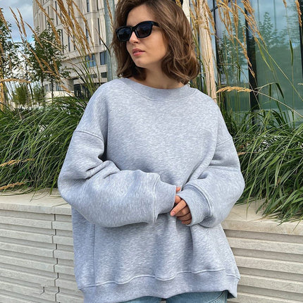 Women's Autumn and Winter Round Neck Loose Sweatshirt Women Autumn and Winter Solid Color Rocking Grain Velvet Pullover Sweatshirt