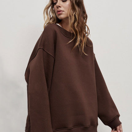 Women's Autumn and Winter Round Neck Loose Sweatshirt Women Autumn and Winter Solid Color Rocking Grain Velvet Pullover Sweatshirt