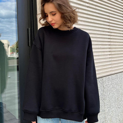 Women's Autumn and Winter Round Neck Loose Sweatshirt Women Autumn and Winter Solid Color Rocking Grain Velvet Pullover Sweatshirt