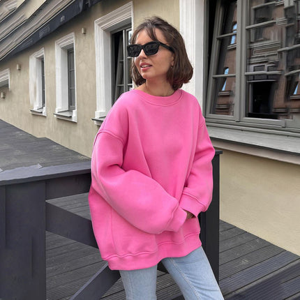 Women's Autumn and Winter Round Neck Loose Sweatshirt Women Autumn and Winter Solid Color Rocking Grain Velvet Pullover Sweatshirt