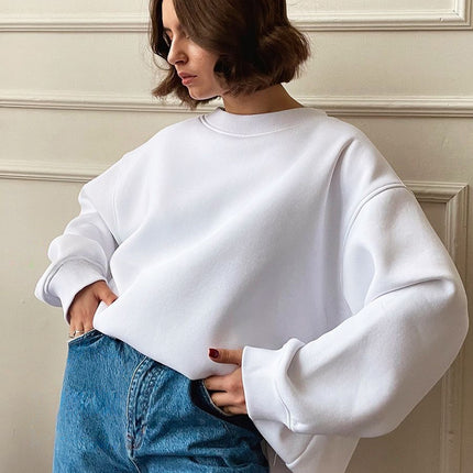 Women's Autumn and Winter Round Neck Loose Sweatshirt Women Autumn and Winter Solid Color Rocking Grain Velvet Pullover Sweatshirt