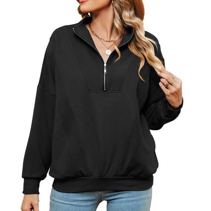 Women's oversized half-zip pullover fall long-sleeved sweatshirt casual solid color with pockets shirt sweater