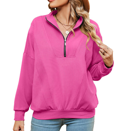 Women's oversized half-zip pullover fall long-sleeved sweatshirt casual solid color with pockets shirt sweater