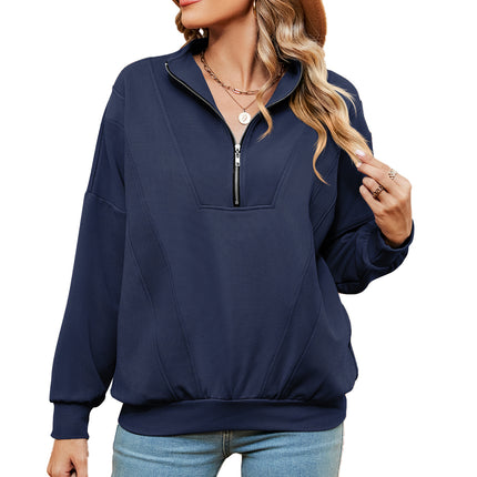 Women's oversized half-zip pullover fall long-sleeved sweatshirt casual solid color with pockets shirt sweater