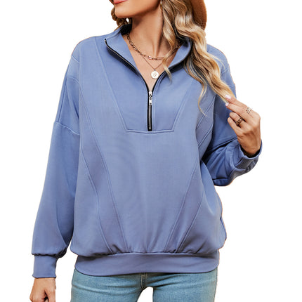 Women's oversized half-zip pullover fall long-sleeved sweatshirt casual solid color with pockets shirt sweater