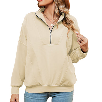 Women's oversized half-zip pullover fall long-sleeved sweatshirt casual solid color with pockets shirt sweater