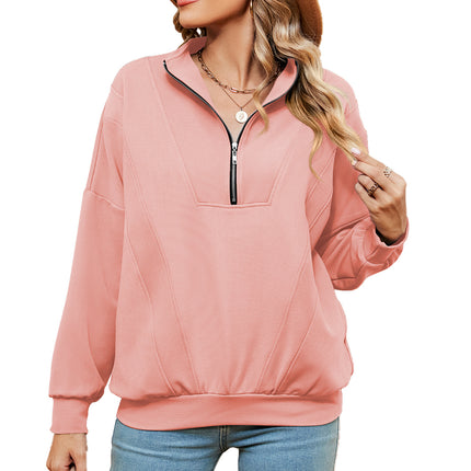 Women's oversized half-zip pullover fall long-sleeved sweatshirt casual solid color with pockets shirt sweater