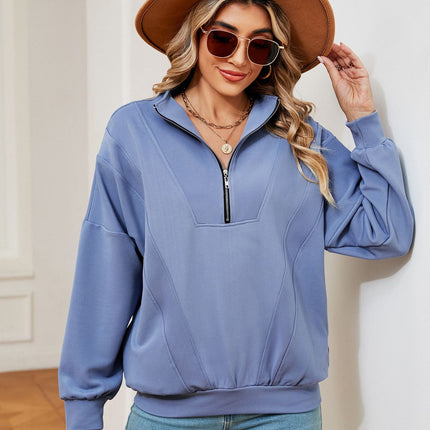 Women's oversized half-zip pullover fall long-sleeved sweatshirt casual solid color with pockets shirt sweater