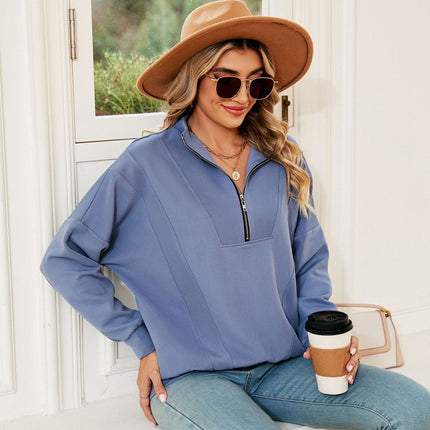 Women's oversized half-zip pullover fall long-sleeved sweatshirt casual solid color with pockets shirt sweater