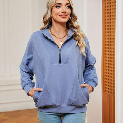 Women's oversized half-zip pullover fall long-sleeved sweatshirt casual solid color with pockets shirt sweater