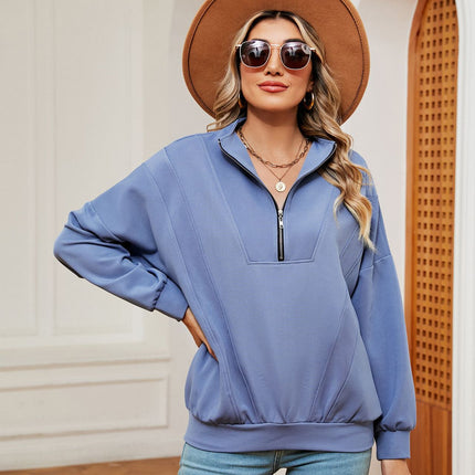 Women's oversized half-zip pullover fall long-sleeved sweatshirt casual solid color with pockets shirt sweater