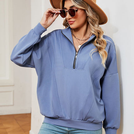 Women's oversized half-zip pullover fall long-sleeved sweatshirt casual solid color with pockets shirt sweater