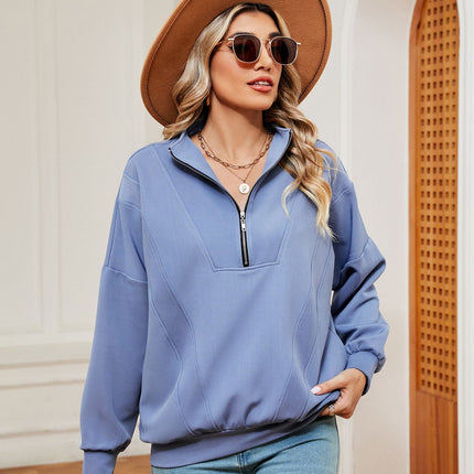 Women's oversized half-zip pullover fall long-sleeved sweatshirt casual solid color with pockets shirt sweater