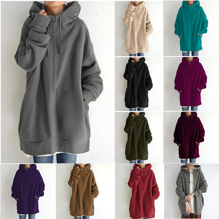 Women's Zipper Long Hoodie Casual Fleece Comfortable Fall Hooded Sweatshirt Long Sleeve with Pockets Oversized Jacket