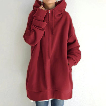 Women's Zipper Long Hoodie Casual Fleece Comfortable Fall Hooded Sweatshirt Long Sleeve with Pockets Oversized Jacket