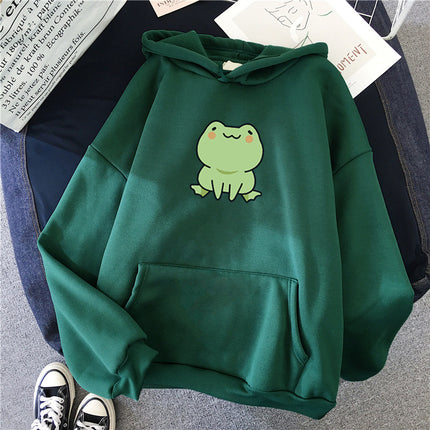 Women's Casual Hooded Jacket Frog Print Hooded Drawstring Pocket Sweatshirt Women's Hooded Long Sweatshirt